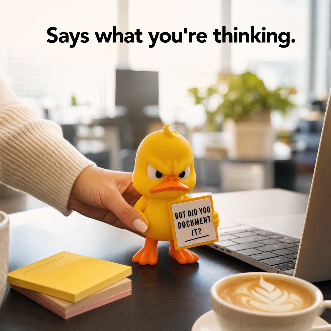 Says what you're thinking: duck on an office desk