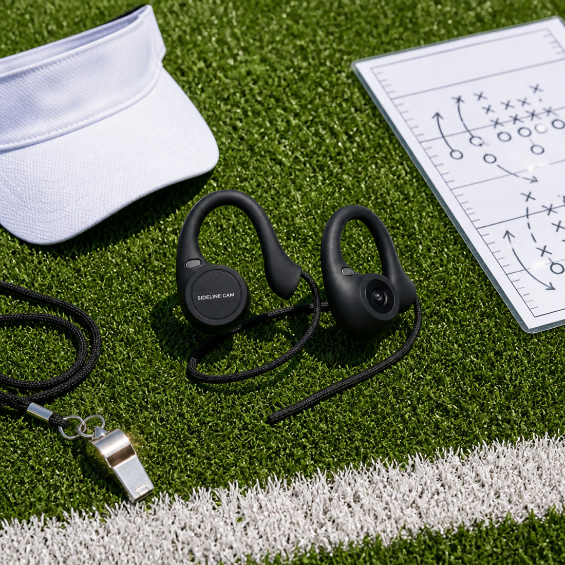 SIDELINE CAM on turf with visor, whistle and play sheet