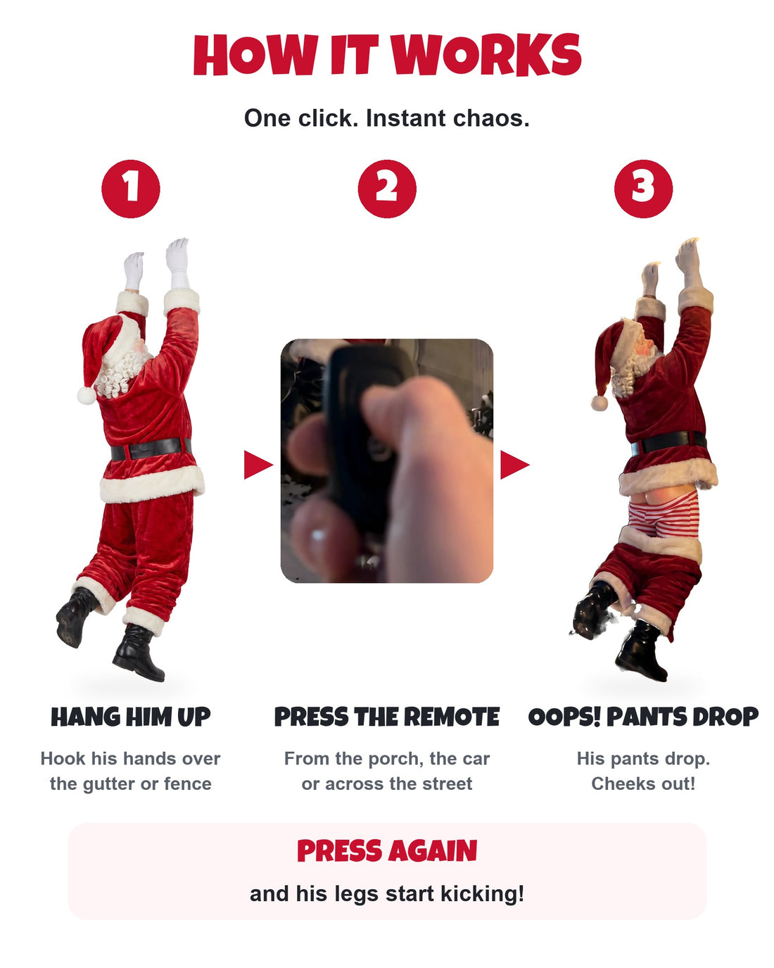 How it works: hang him up, press the remote, his pants drop