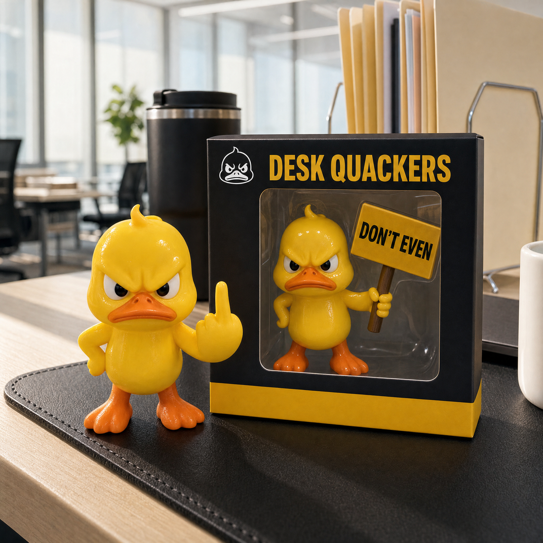 Desk Quackers grumpy duck next to its gift box